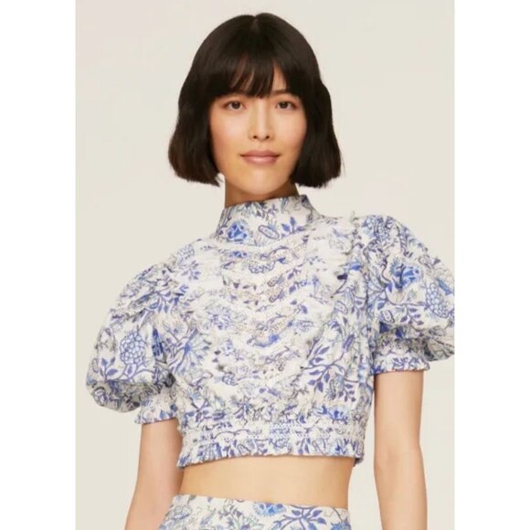 Hemant & Nandita Blue White Floral Puff Sleeve Ruffle Crop Top Boho Large - Picture 4 of 12